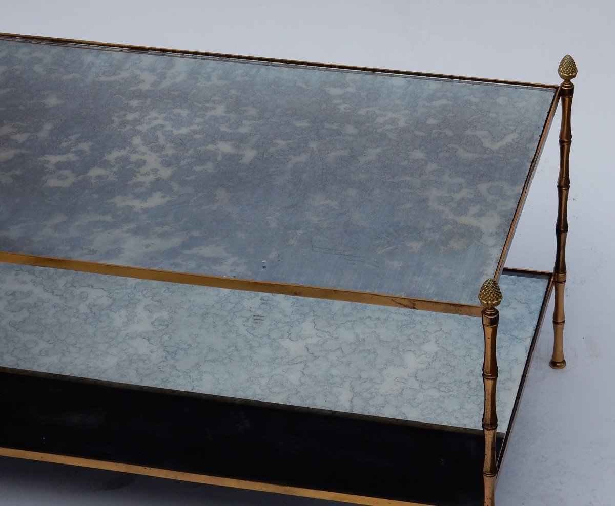 1970 'maison Baguès Coffee Table Bamboo Decor In Brass And Oxidized Mirror-photo-3