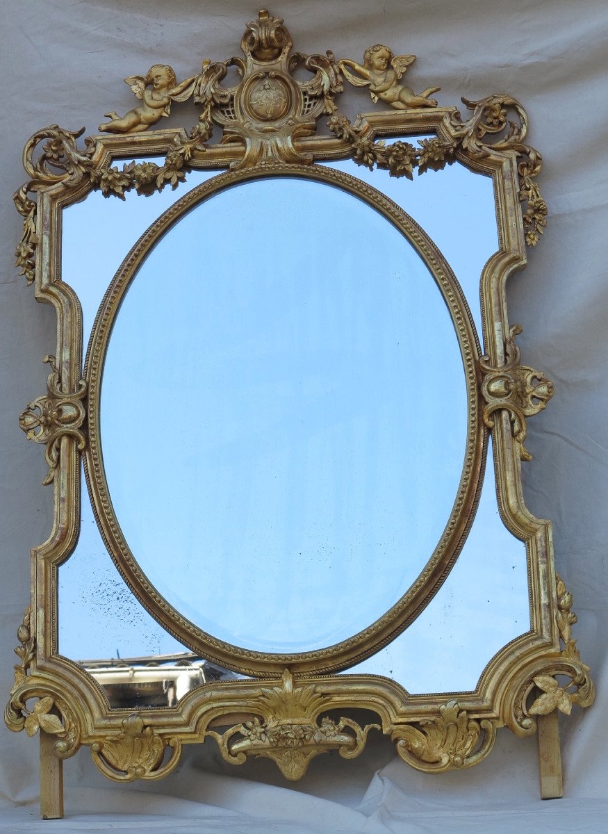 Napoleon III Mirror With Pare-closes And Beveled Oval Central Medallion, With Angels, Wood And Stucco-photo-2