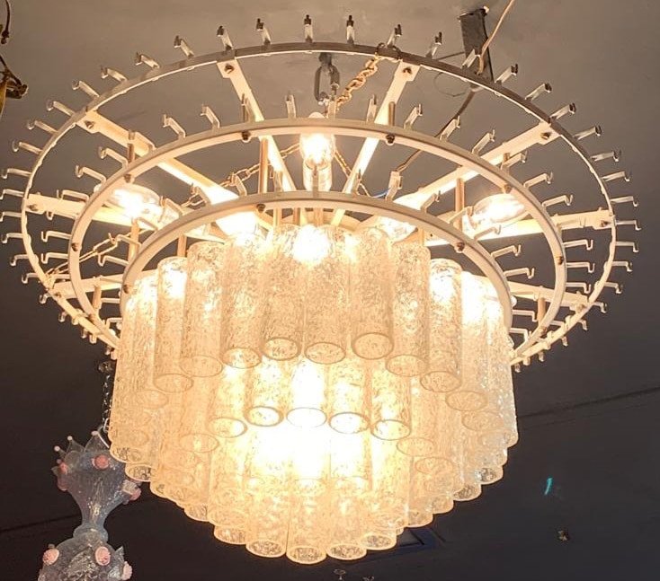 1960/70 ′ Pair Of Venini Murano Doria Chandeliers Diameter 74 Cm 6 Levels 194 Crystals-photo-2