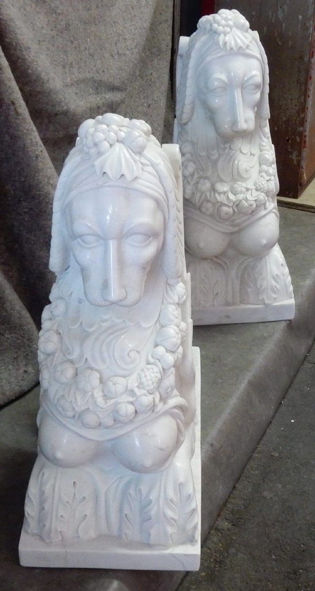 1950 ′ Pair Of Sphinges In White Statuary Marble-photo-2