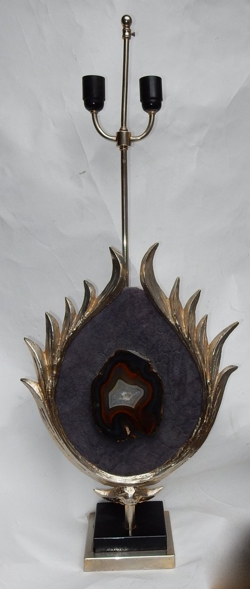 1970′ Lampe Décor Lotus, Bronze Argenté, Galuchat, Agate, Duval Brasseur Non Signée 