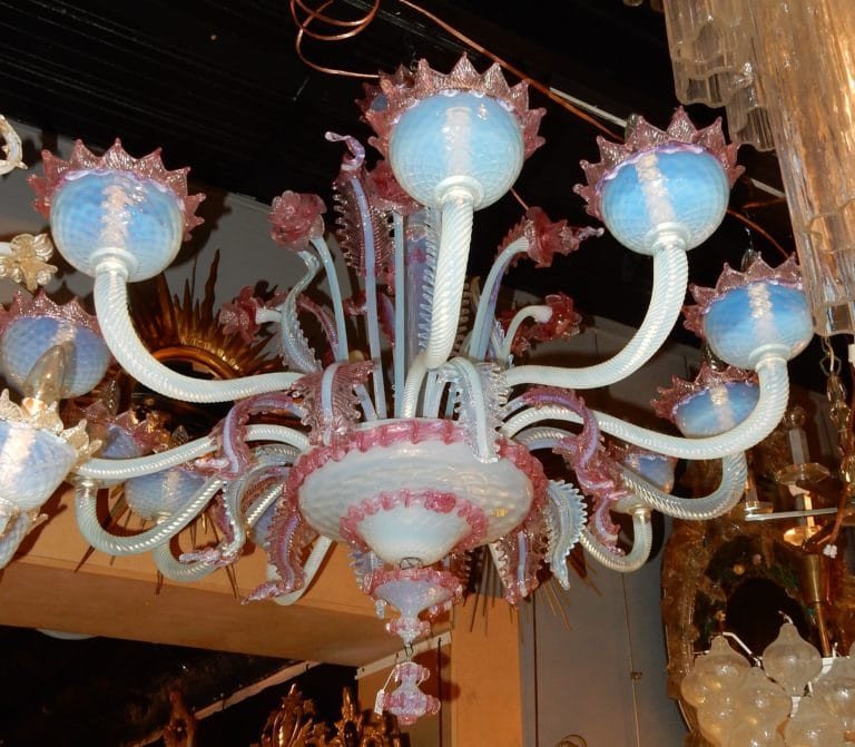 Murano Chandelier With 12 Arms Of Light In Opalescent Blue Glass And Pink Glass Paste-photo-2