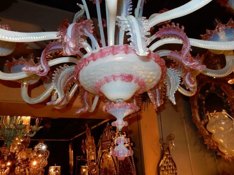 Murano Chandelier With 12 Arms Of Light In Opalescent Blue Glass And Pink Glass Paste-photo-4