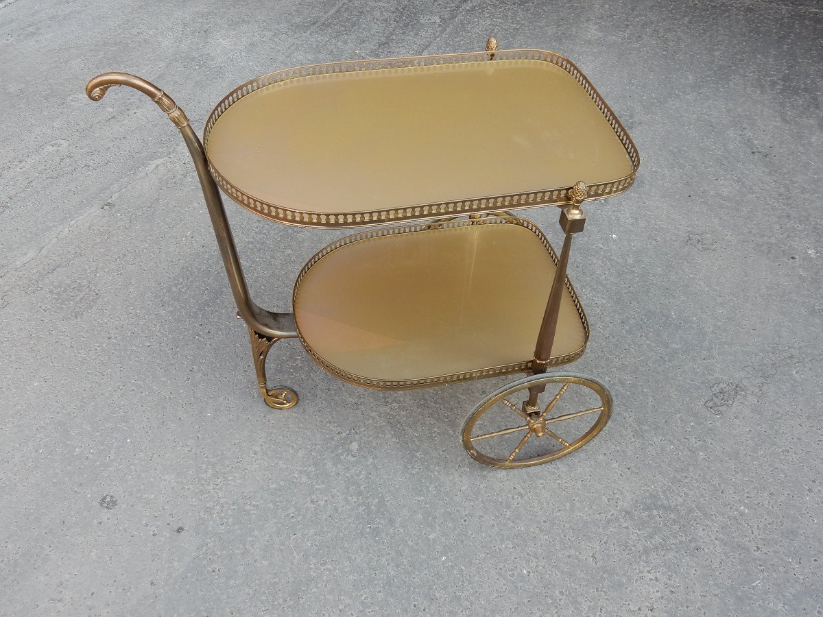 1970 ′ Rolling Bar In Bronze And Gilded Brass Maison Jansen 3 Wheels