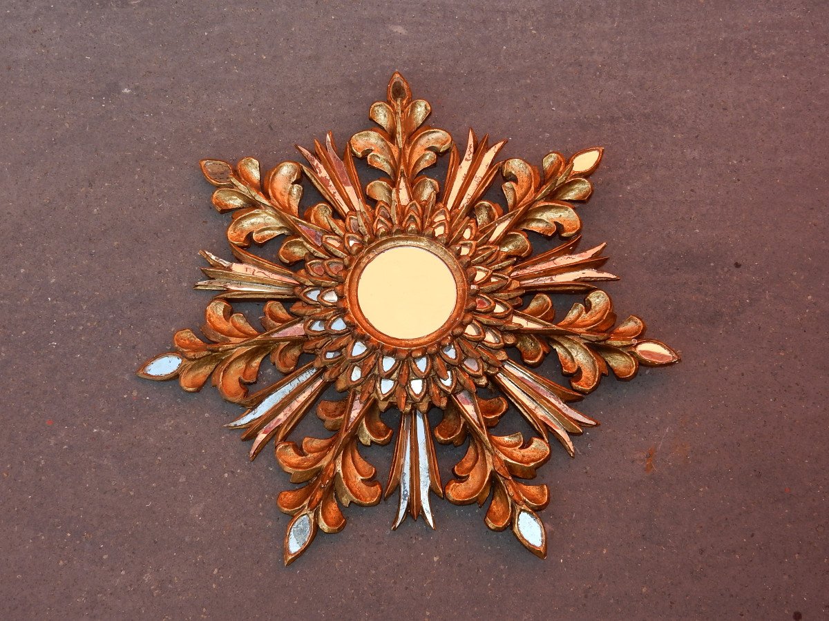 1970 ′ Sun Mirror Decor Snowflake, Golden Wood, Diameter 72 Cm