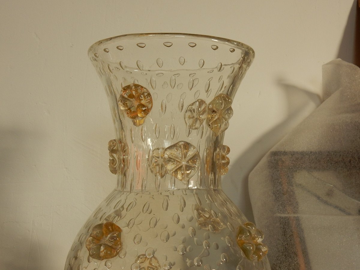 1950′ Vase Cristal Murano Style Barovier & Toso Avec Paillons D’or Non Signé-photo-3