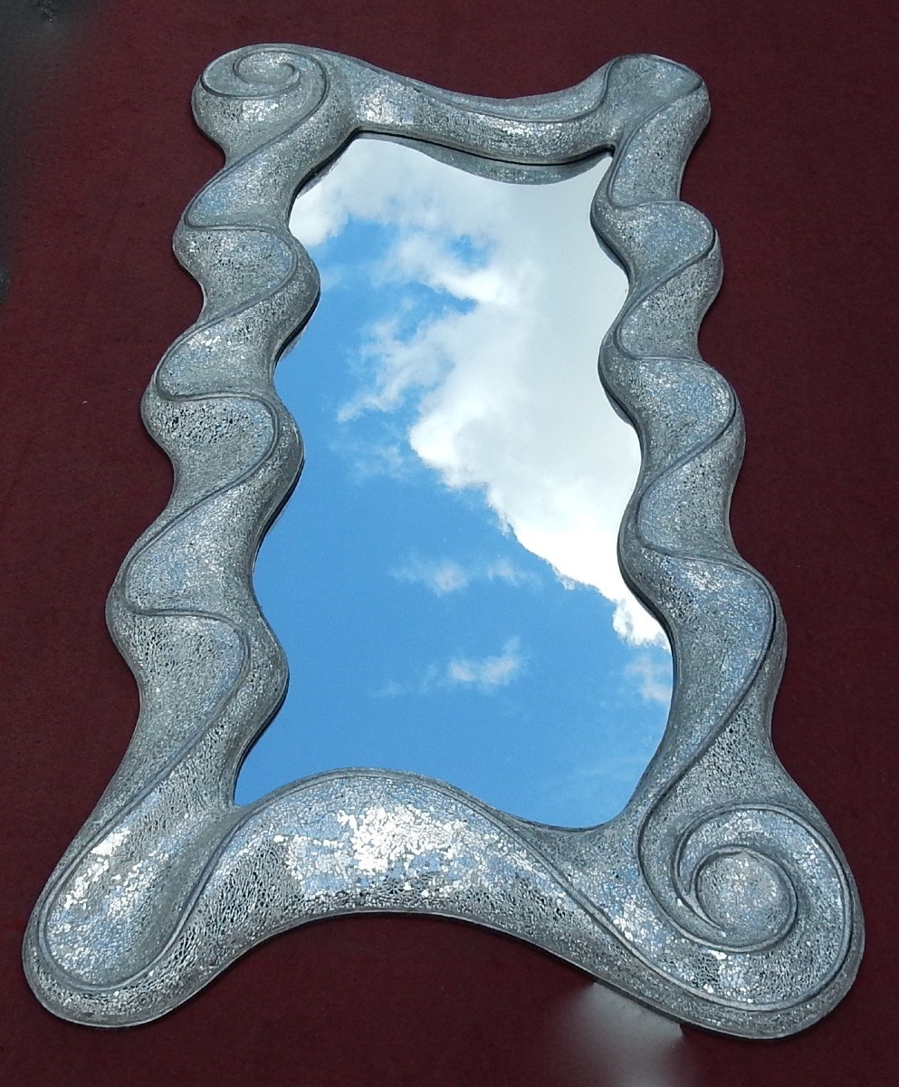 1970/80 ‘ Miroir Période Disco Incrusté D’Éclats De Miroirs Forme Mouvementée 220 X 110 Cm