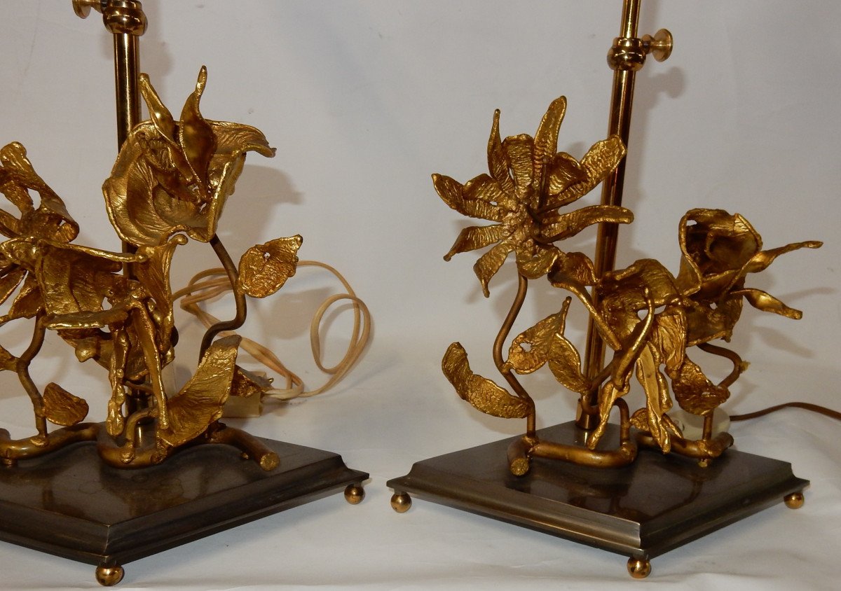 1950/70 Pair Of Orchid Lamps In Silver And Gilded Bronze Dlg Maison Charles Or Jansen-photo-2