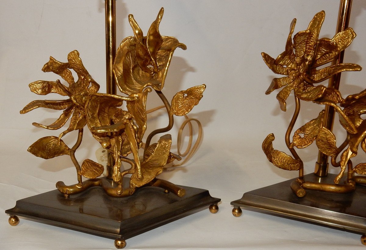 1950/70 Pair Of Orchid Lamps In Silver And Gilded Bronze Dlg Maison Charles Or Jansen-photo-3