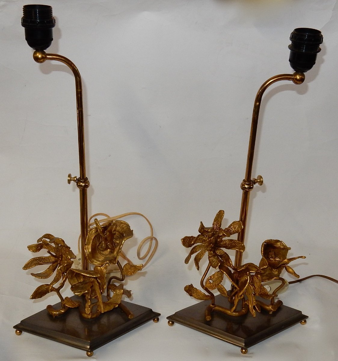 1950/70 Pair Of Orchid Lamps In Silver And Gilded Bronze Dlg Maison Charles Or Jansen