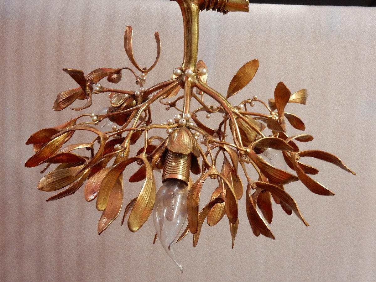 1900 ′ Boule De Gui Chandelier In Bronze Art Nouveau Has 3 Sockets In The Shape Of Tulips D 43 Cm-photo-4