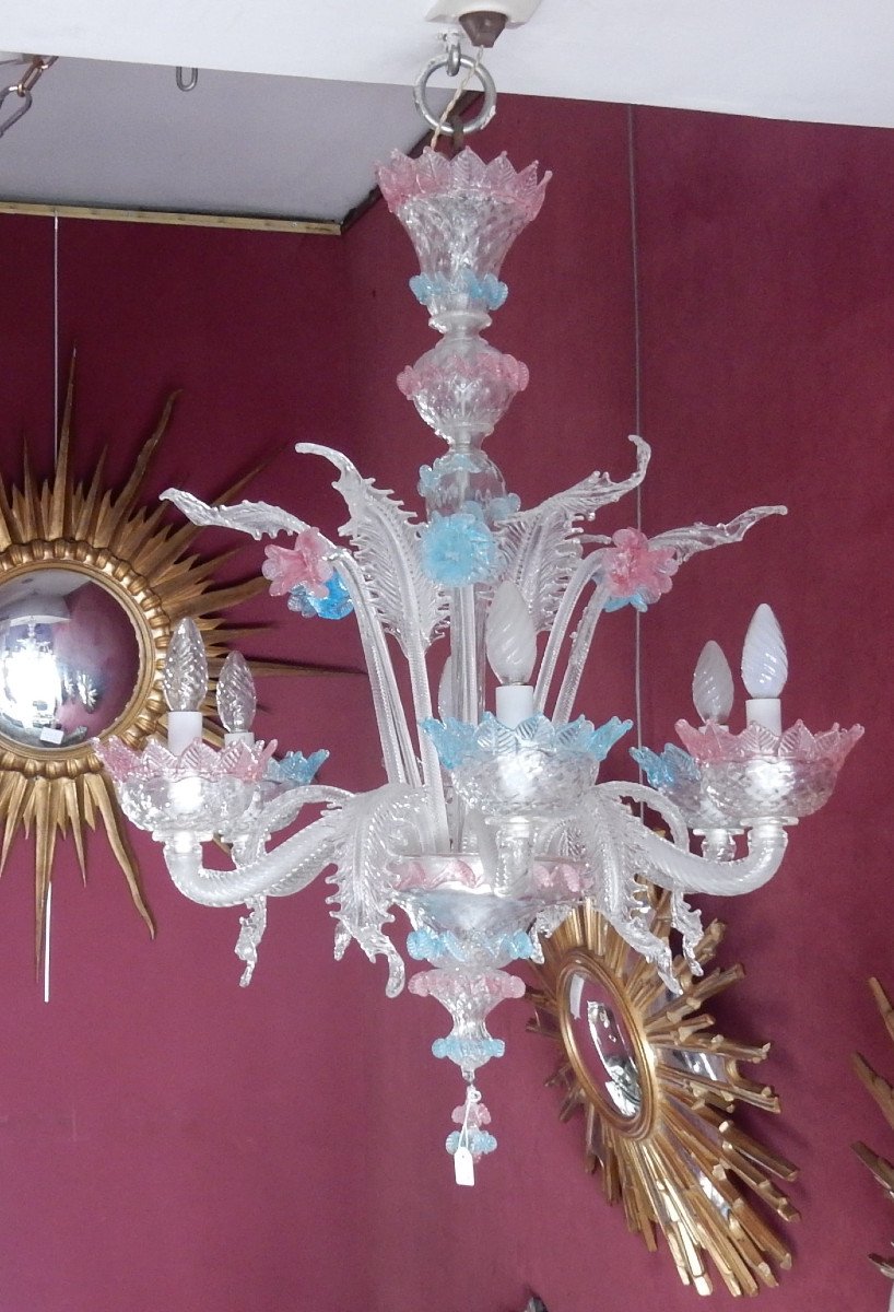 1970 'blue And Pink Murano Chandelier