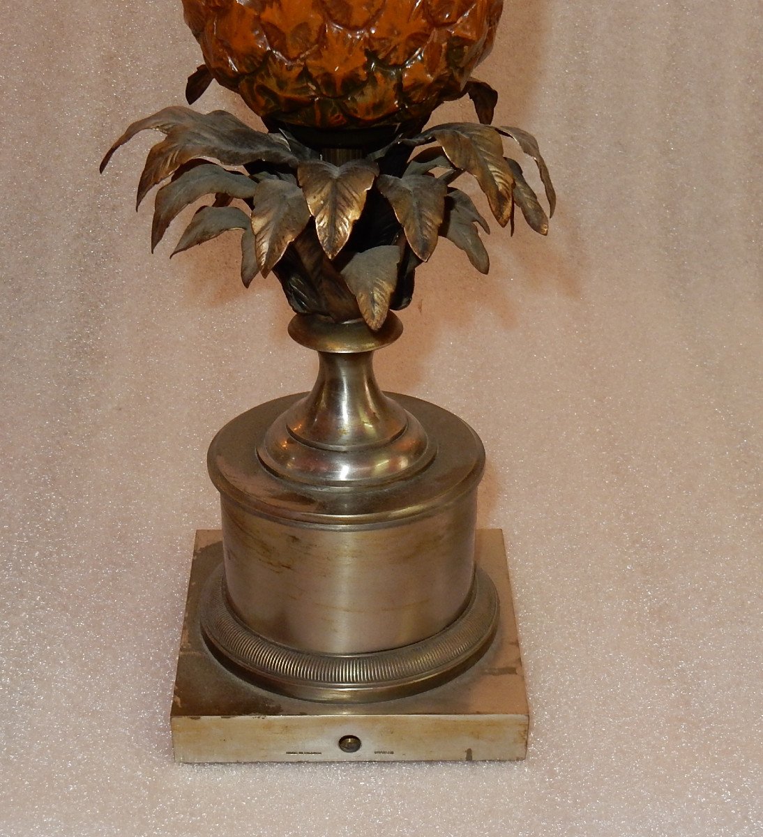 1950/70 Lampe à L’ananas En Bronze Argenté, Abat-jour En Métal, Signée Charles, Made In France-photo-4