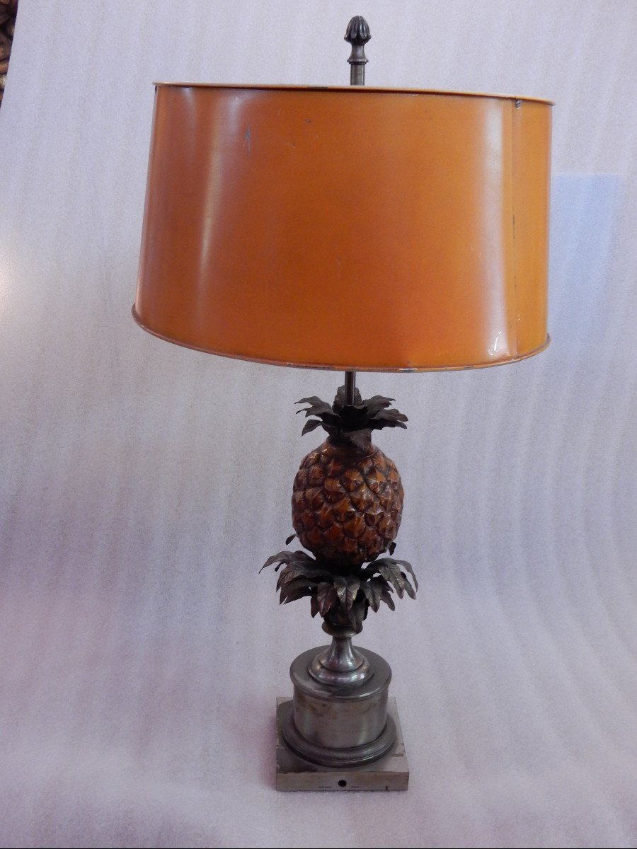 1950/70 Lampe à L’ananas En Bronze Argenté, Abat-jour En Métal, Signée Charles, Made In France-photo-1