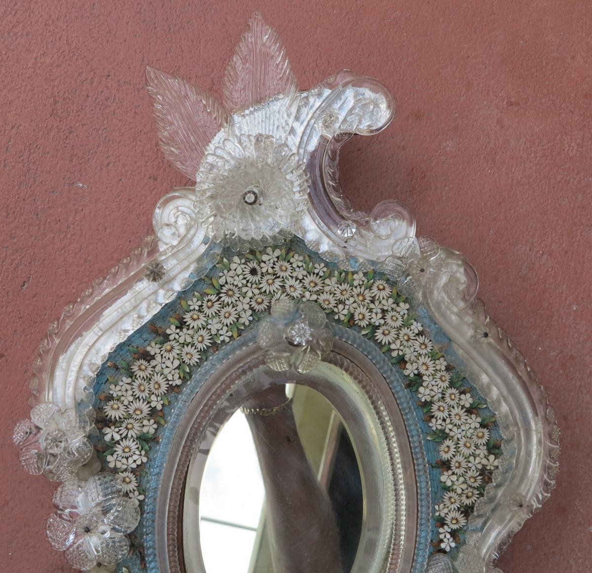 Venetian Mirror With Micromosaic In Hard Stones Flower Decor-photo-3