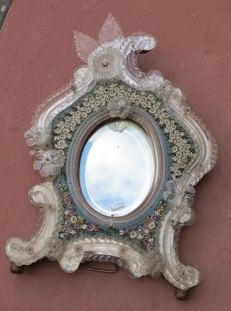 Miroir Vénitien Avec Micromosaïque En Pierres Dures Décor De Fleurs-photo-1