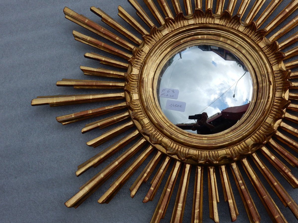 1950/70 'convex Sun Mirror, Golden Wood Diameter 68 Cm-photo-2