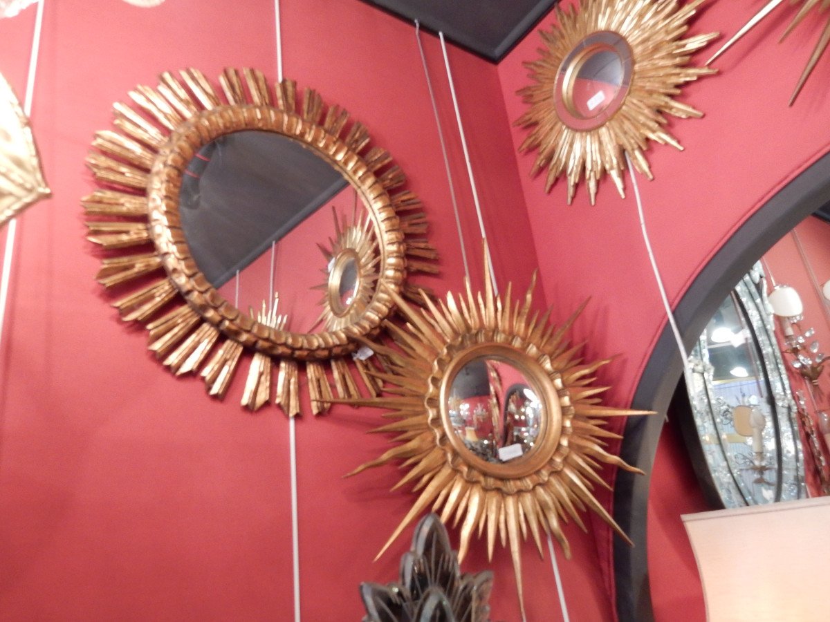 1950/70 'convex Sun Mirror, Golden Wood Diameter 68 Cm-photo-6