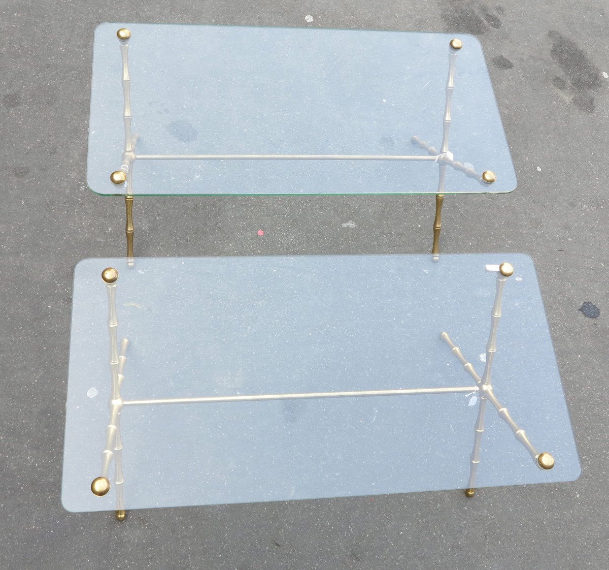 1950/70 Pair Of Gilt Bronze Coffee Tables Maison Baguès, Bamboo Model, Spacer-photo-1