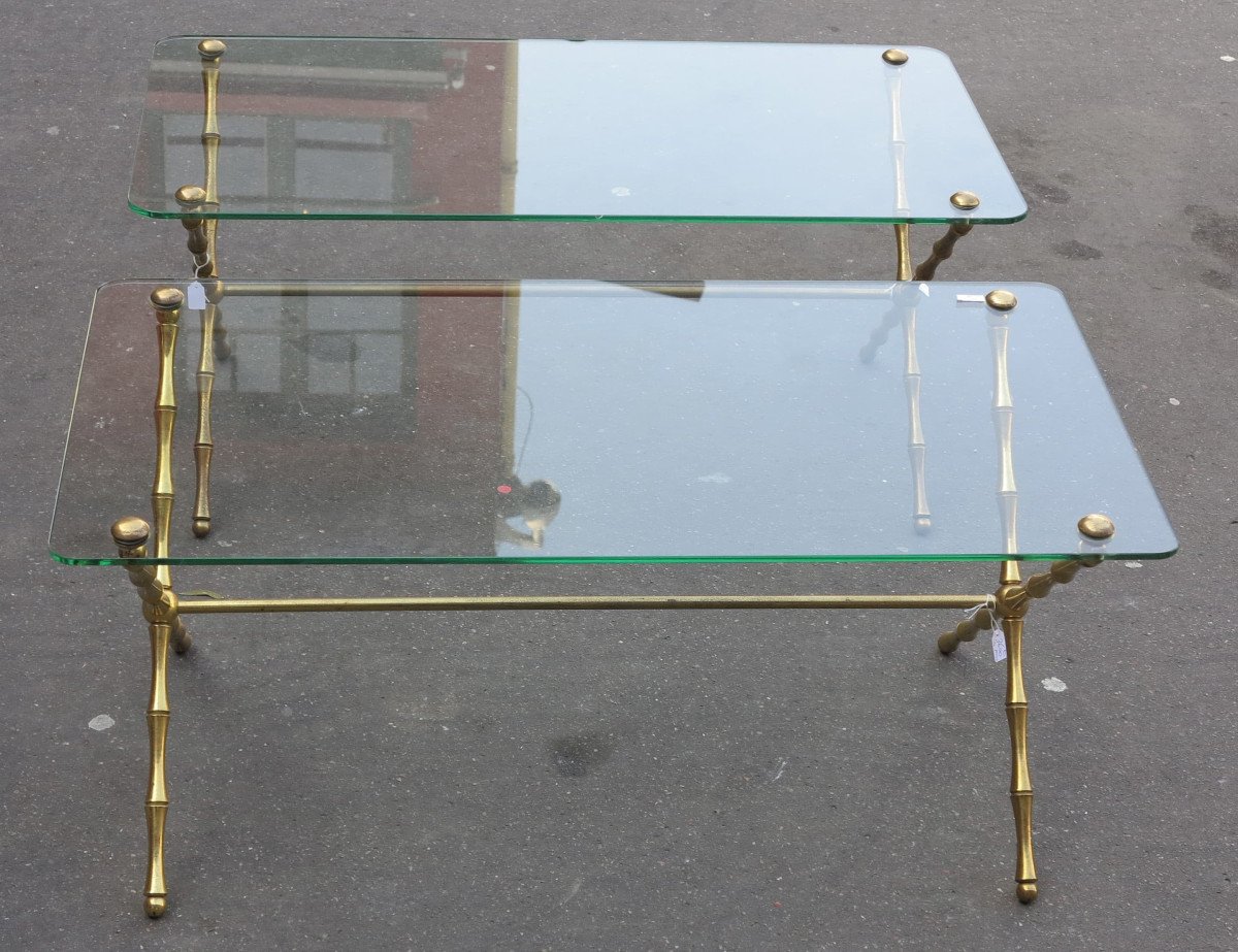 1950/70 Pair Of Gilt Bronze Coffee Tables Maison Baguès, Bamboo Model, Spacer-photo-2