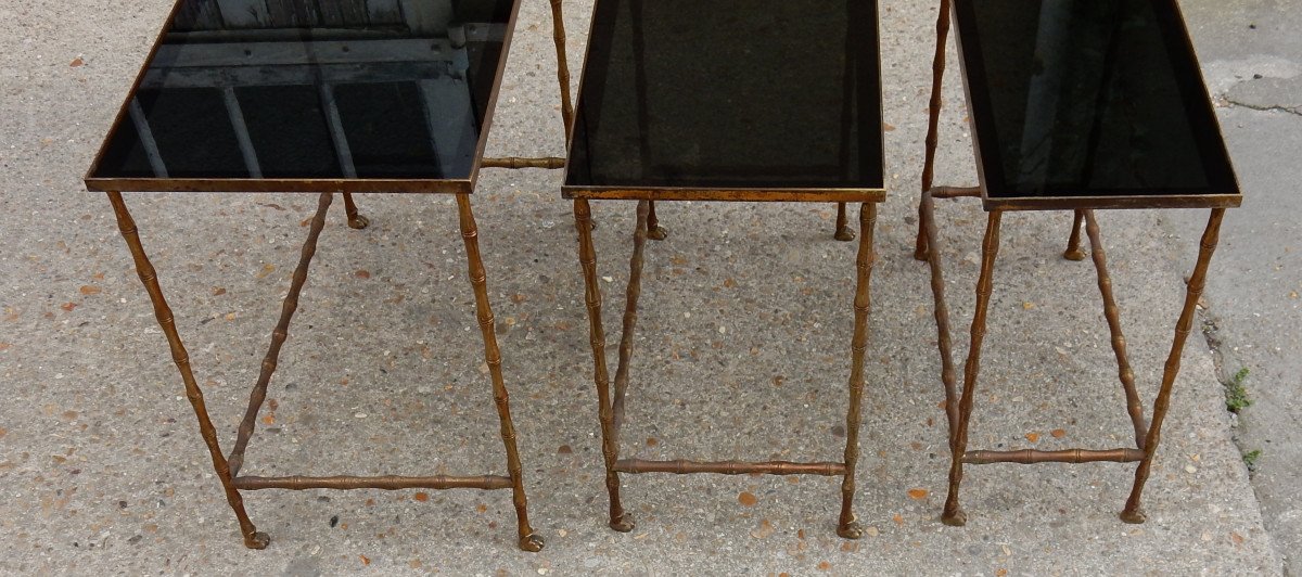 1950/70′ Série De 3 Tables Gigognes Modèle Bambou Avec Pieds Griffes Maison Baguès-photo-1