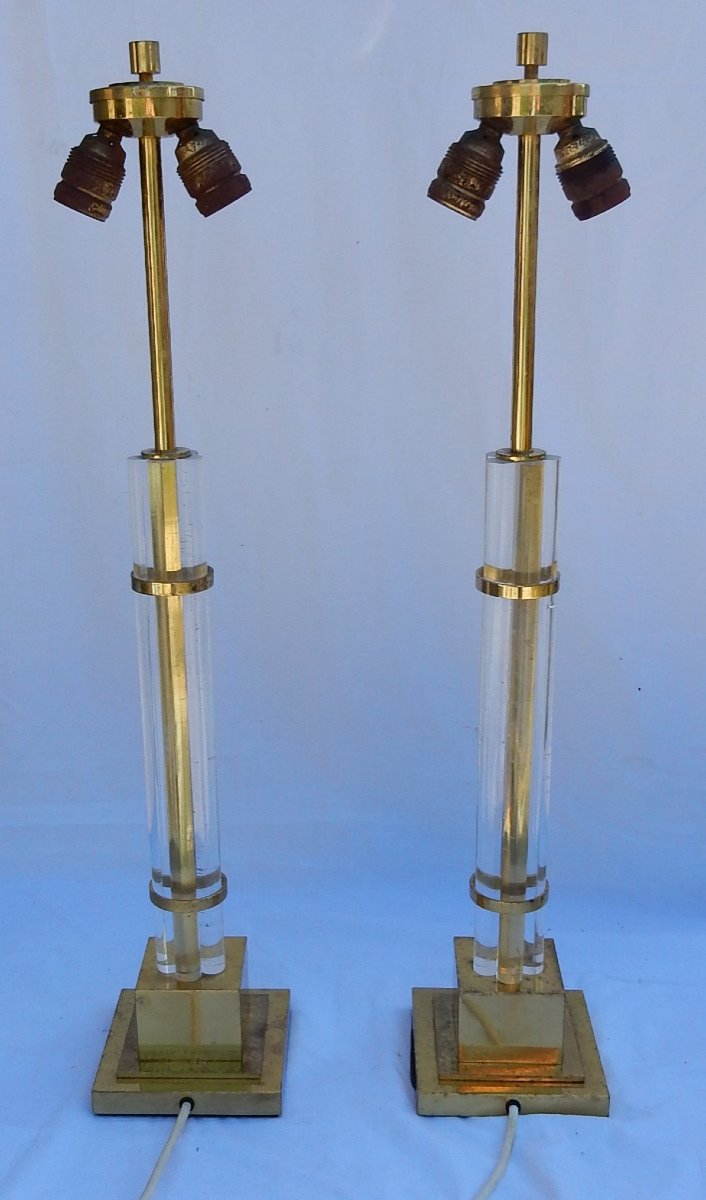 1970 ′ Pair Of Lamps In Altuglas And Golden Brass Decor Columns With 5 Petals-photo-3