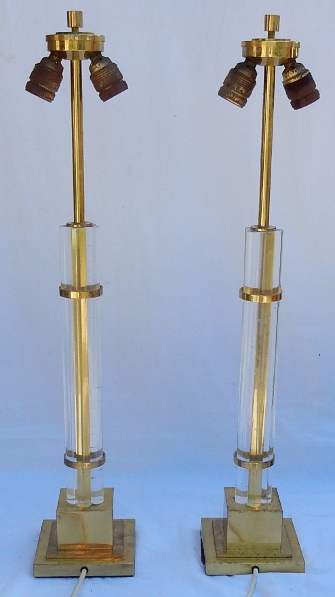 1970 ′ Pair Of Lamps In Altuglas And Golden Brass Decor Columns With 5 Petals-photo-4