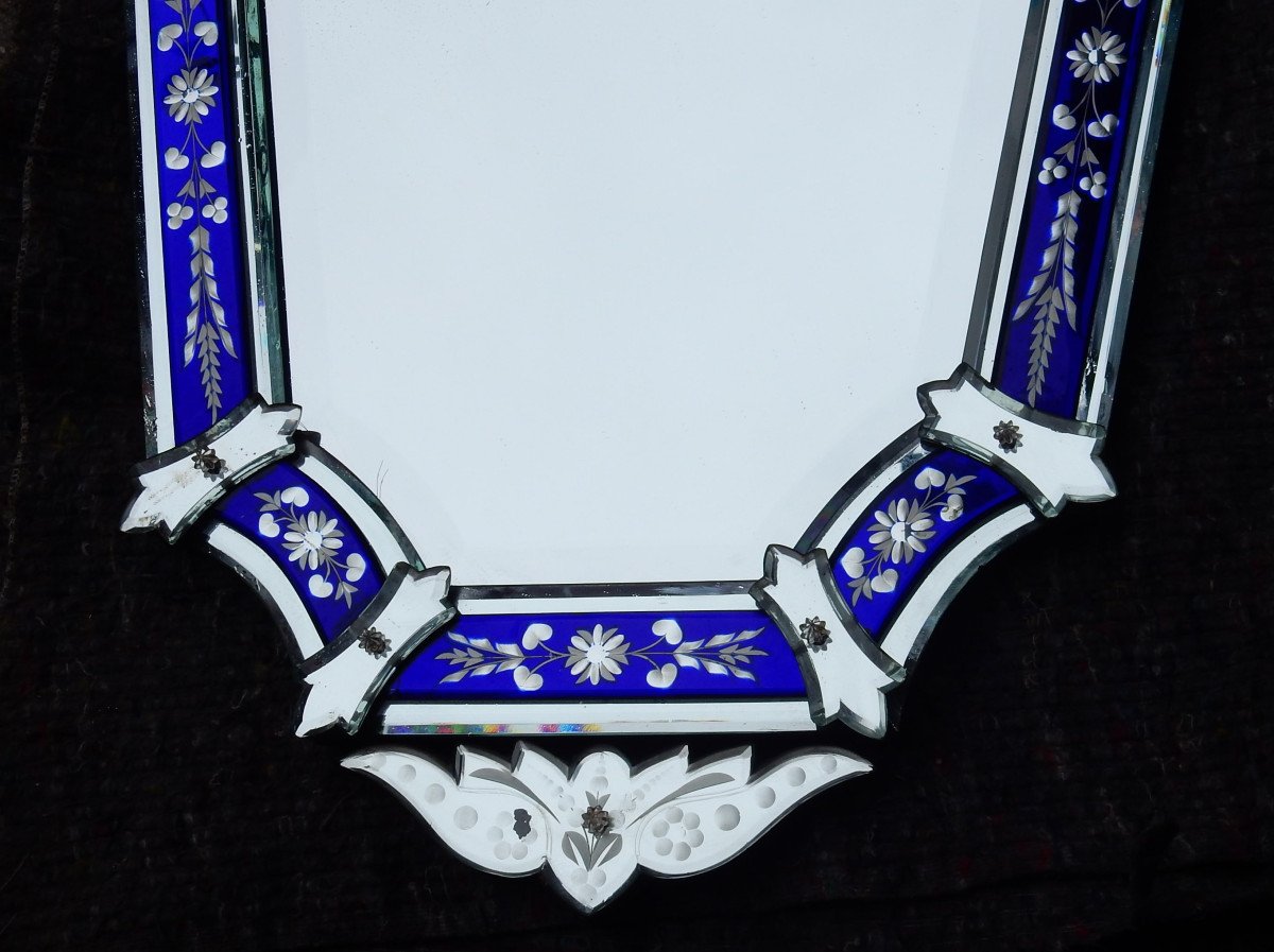 1950 '/ 70 Venice Octagonal Mirror With Pediment With Blue Glass Frame Decorated With Flowers-photo-2