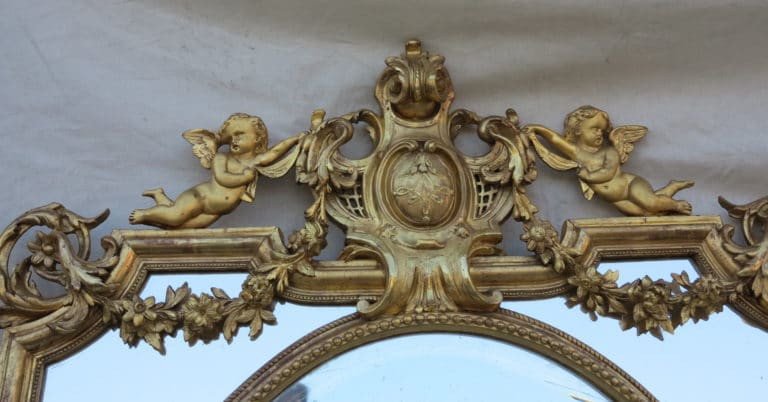 Nap III Mirror With Pare-closes And Beveled Oval Central Medallion, With Angels, Golden Leaves-photo-1