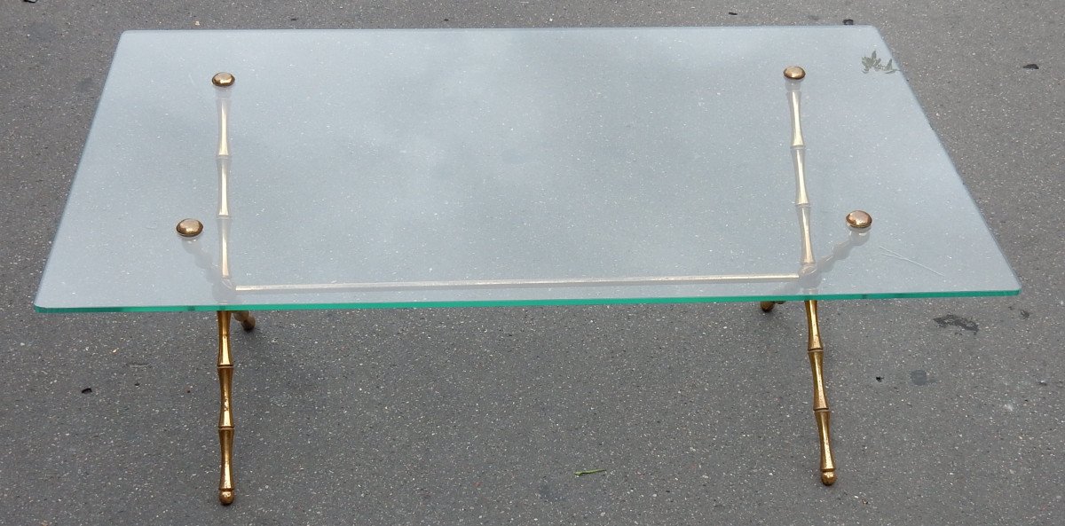 1950/70 Gilt Bronze Coffee Table Maison Baguès Bamboo Model Screwed Glass Top 106x67 Cm