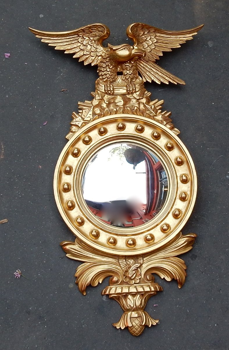 1950/70 ′ Convex Mirror With Eagle, Golden Wood H 97 Cm