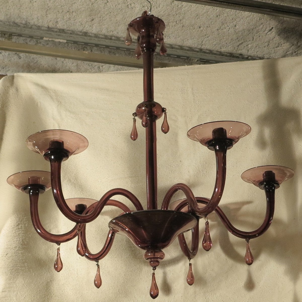 1970 'murano Chandelier Purple Color 6 Arms Of Lights Height 90 Cm, Diameter 80 Cm-photo-2