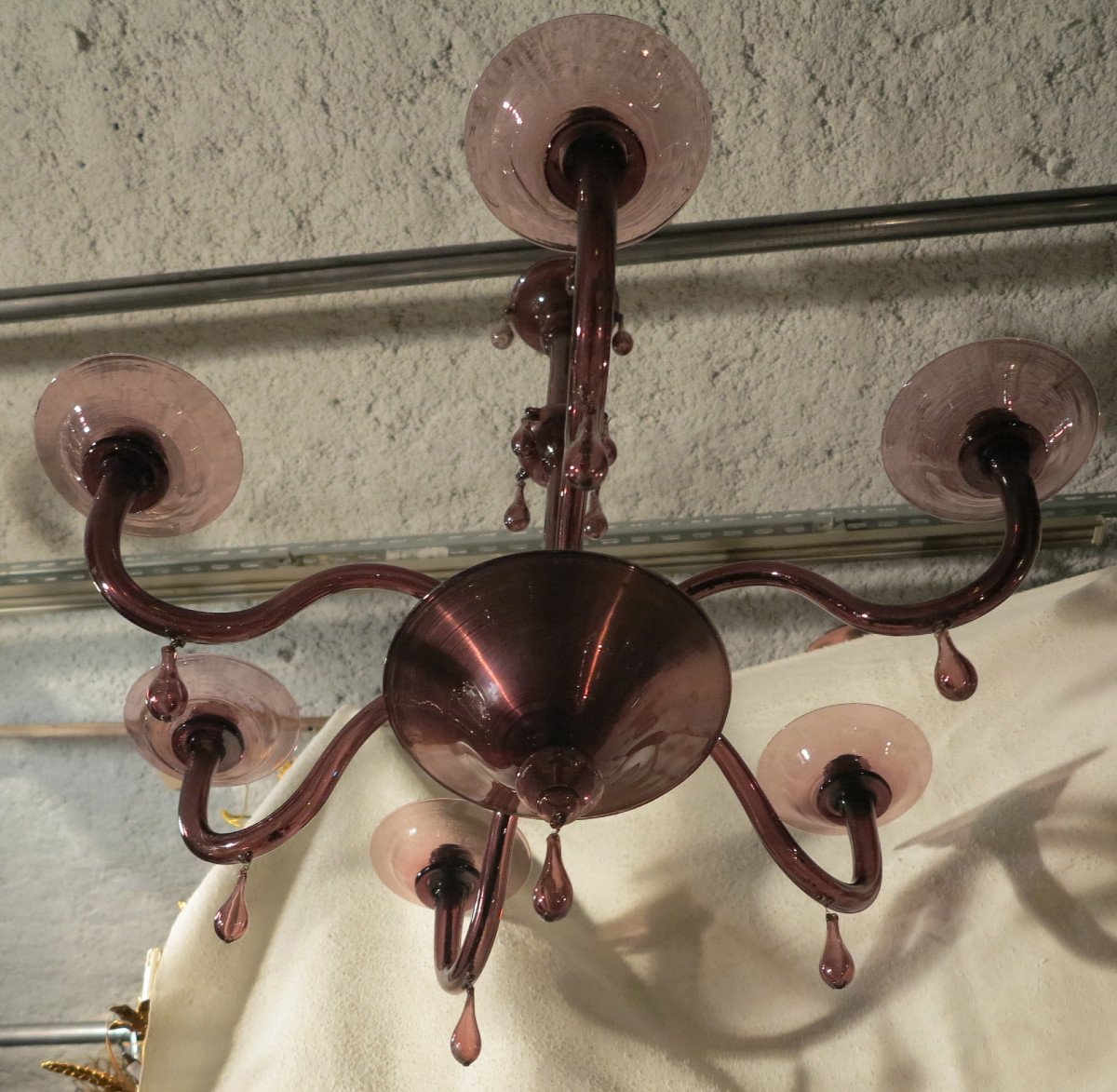 1970 'murano Chandelier Purple Color 6 Arms Of Lights Height 90 Cm, Diameter 80 Cm-photo-2