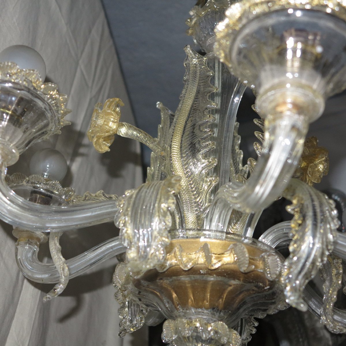 1900/20′ Lustre Cristal Murano Feuilles D’or 6 Branches-photo-3