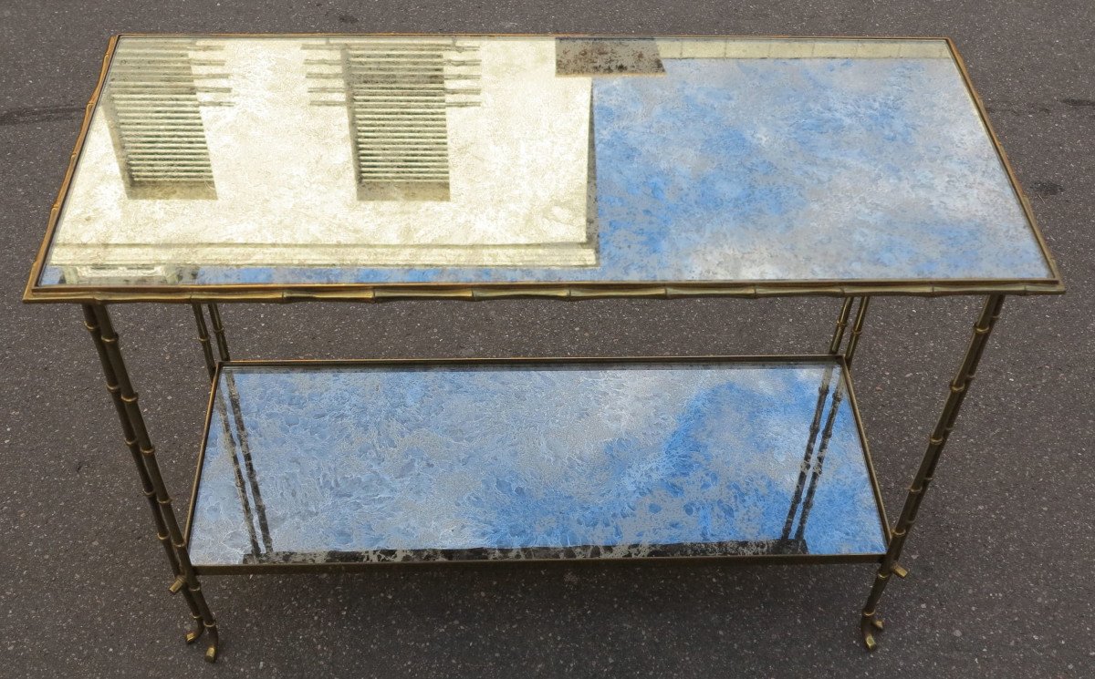 1950/70′ Table Tripartite Bronze Top En Verre Style Maison Baguès-photo-3