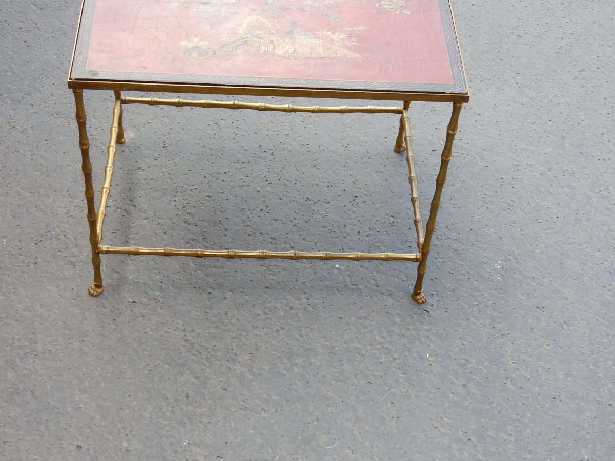 1950/70′ Table Basse Bronze Décor Bambou Plateau Laque De Chine Rouge Dlg Maison Baguès 50x35cm-photo-2