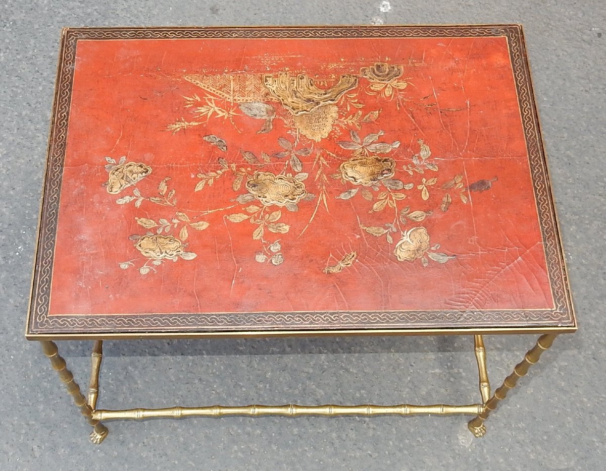 1950/70′ Table Basse Bronze Décor Bambou Plateau Laque De Chine Rouge Dlg Maison Baguès 50x35cm-photo-4