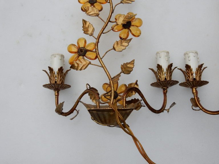 1970 ′ Pair Of Golden Metal Sconces Decorated With Flowers And Leaves Style Maison Baguès-photo-3