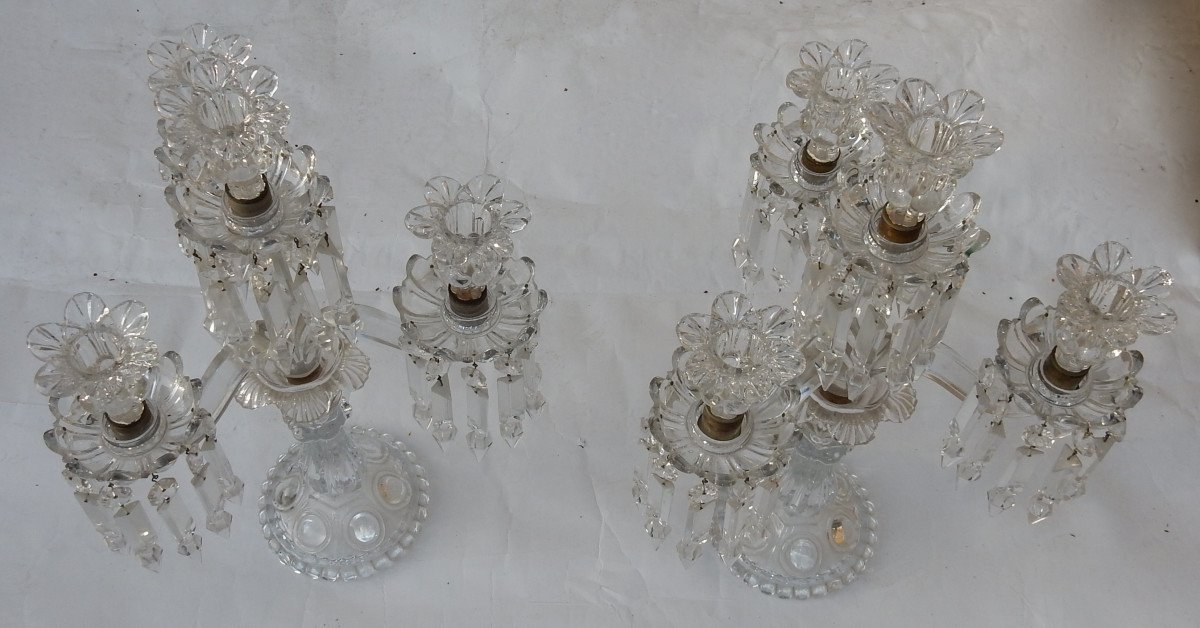 1950 ′ Pair Of Candlesticks 3 Branches Sockets Beaded And Signed In Relief Baccarat-photo-4