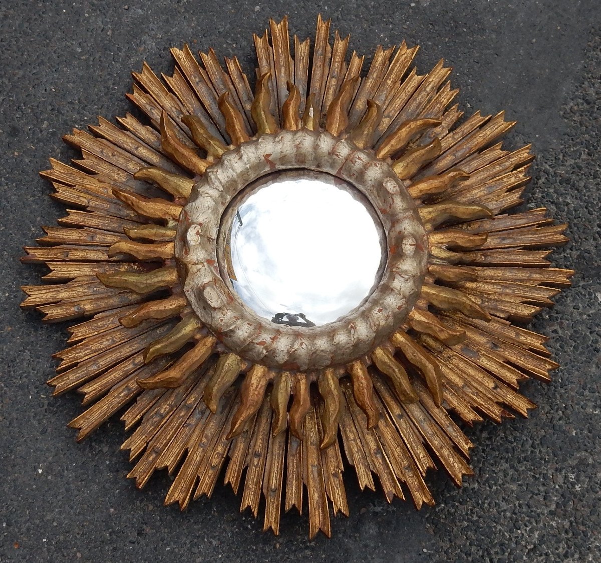 1950 ′ Convex Sun Mirror 2 Levels Golden And Silver Wood 63 Cm In Diameter-photo-2