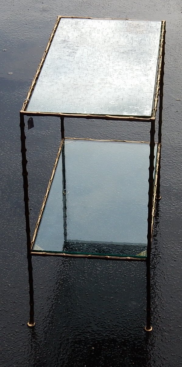 1970′ Bout De Canapé En Bronze Maison Baguès Plateaux Miroirs Oxydés 65x31x H59 Cm-photo-2