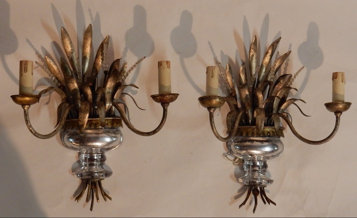 1970 'pair Of Silver Metal Wall Lights Decor Of Urn And Reeds-photo-3