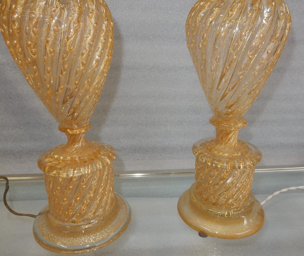 1950/70 Pair Of Barovier & Toso Lamps With Gold Paillons-photo-2