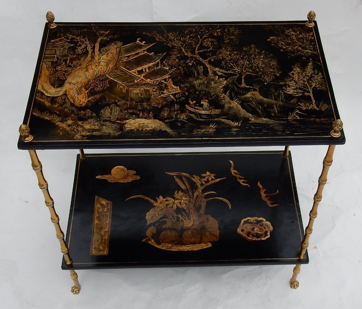 1950 ′ Maison Baguès Decor Bamboo Table In Gilt Bronze With Chinese Lacquer Trays 60 X 36 H 63