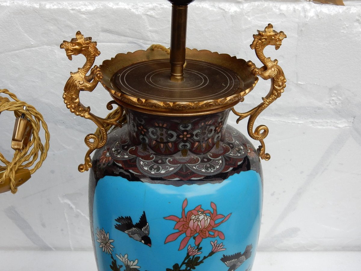 1890′ Paire De Lampes Cloisonnées Japon Aux Oiseaux Et Dragons-photo-2