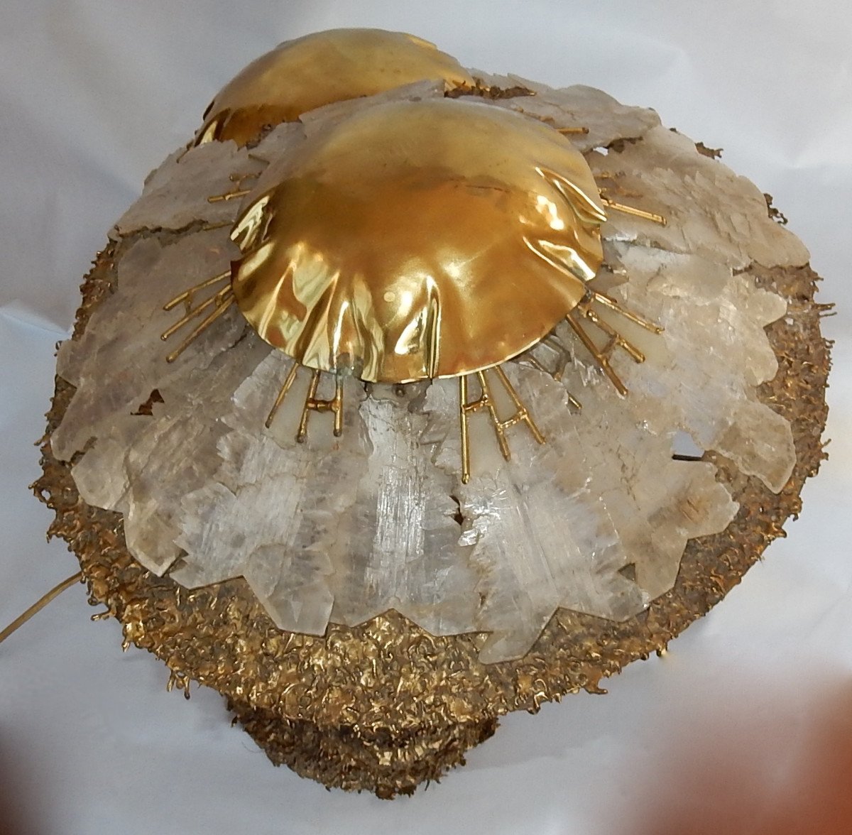 1970′lampe Aux 2 Champignons Éclairante En Laiton Avec Gypse Imitant Le Cristal De Roche -photo-5