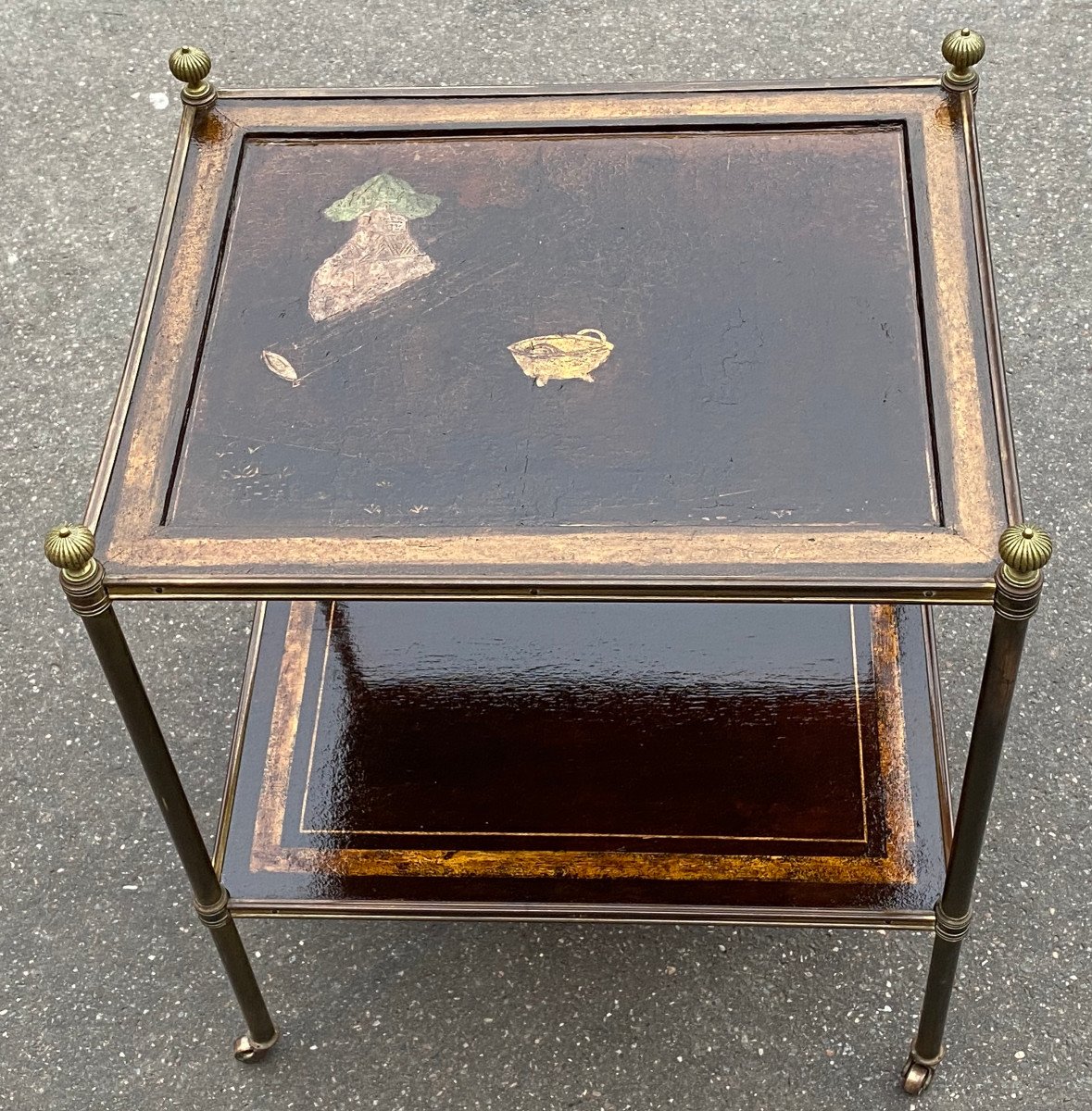 1950′ Table Maison Jansen En Bronze Patiné Avec Plateaux Laque De Chine Coromandel 47x37xH59cm -photo-3