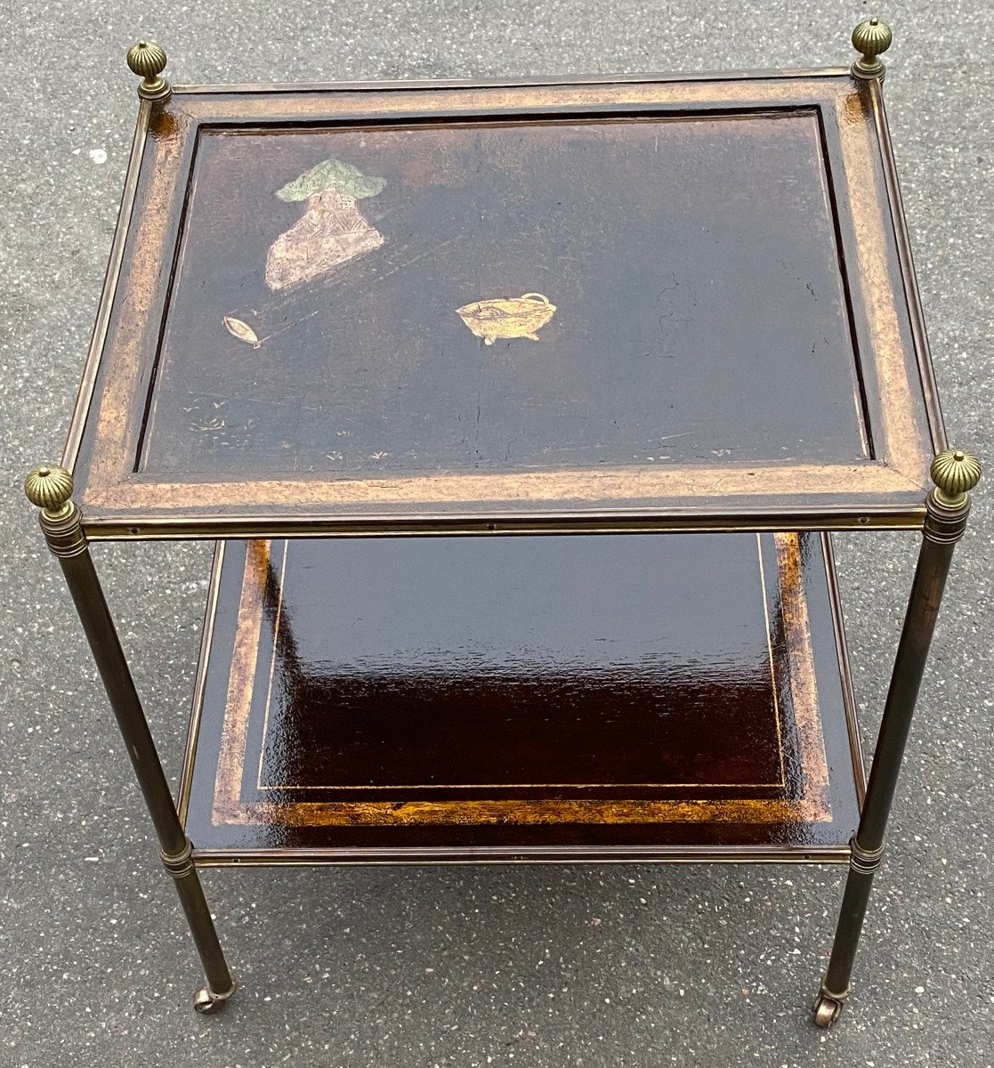 1950′ Table Maison Jansen En Bronze Patiné Avec Plateaux Laque De Chine Coromandel 47x37xH59cm 