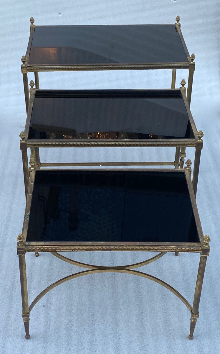 1970′ Series Of 3 Nesting Tables Maison Baguès Bamboo Model Gilt Bronze Trays Black Opaline