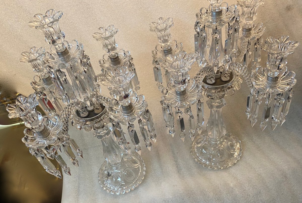 1950′ Pair Of Candlesticks 4 Branches Beaded Bases And Signed In Relief Baccarat H 55 Cm-photo-2